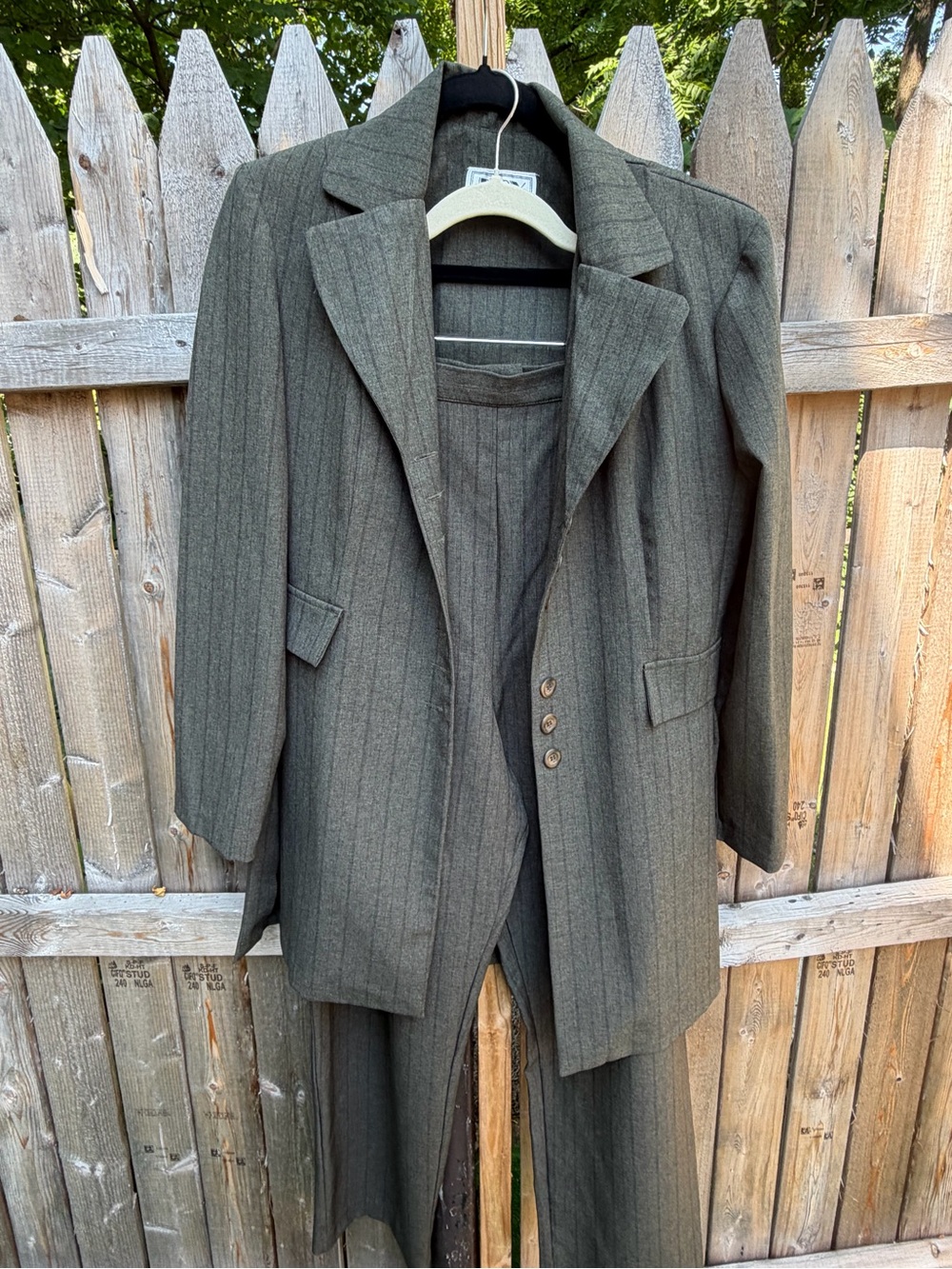 Women's Pinstripe Blazer and Trouser Set in Olive Green
